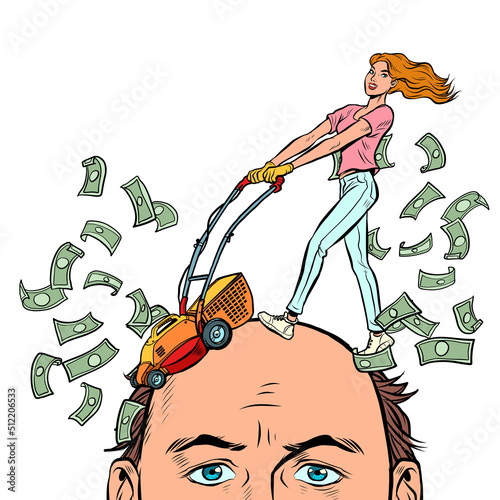 Husband and wife, problems because of money. Expensive divorce, financial litigation concept. Haircut dollars