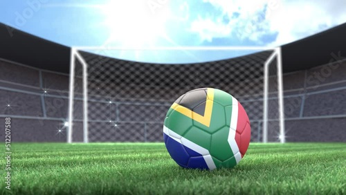 South Africa soccer ball, rolling into stadium with camera flashes. 3D animation