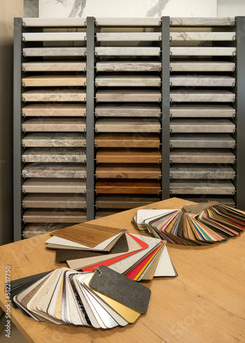 Furniture production. Catalog of samples of materials for kitchen countertops, facades made of artificial stone, plastic, laminate and chipboard