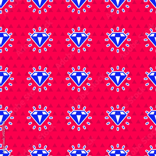 Blue Diamond icon isolated seamless pattern on red background. Jewelry symbol. Gem stone. Vector