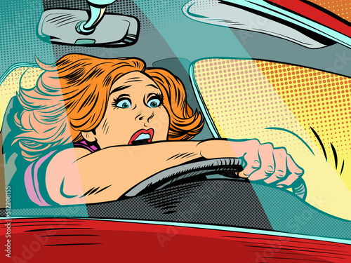 frightened woman driving, speed on the road. Emotions of the driver and the rules of the road. Accident