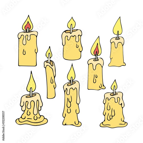 Set of candles doodle. Paraffin burning candle for cake and light. Festive decoration. Aromatherapy. Wick, flame, wax. Hand drawn vector illustration. Flat drawing.