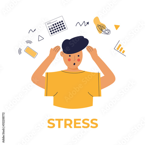 Vector illustration with cartoon character in flat style. Stress and life balance