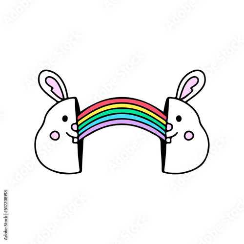 Two half of cute bunny head with rainbow inside, illustration for t-shirt, street wear, sticker, or apparel merchandise. With doodle, retro, and cartoon style.
