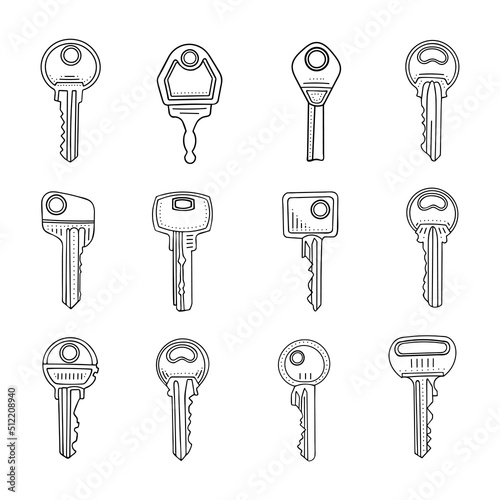 House key outline set. A sketch of an object opening a door lock. Hand drawn thin line art vector illustration. Isolated simple element.