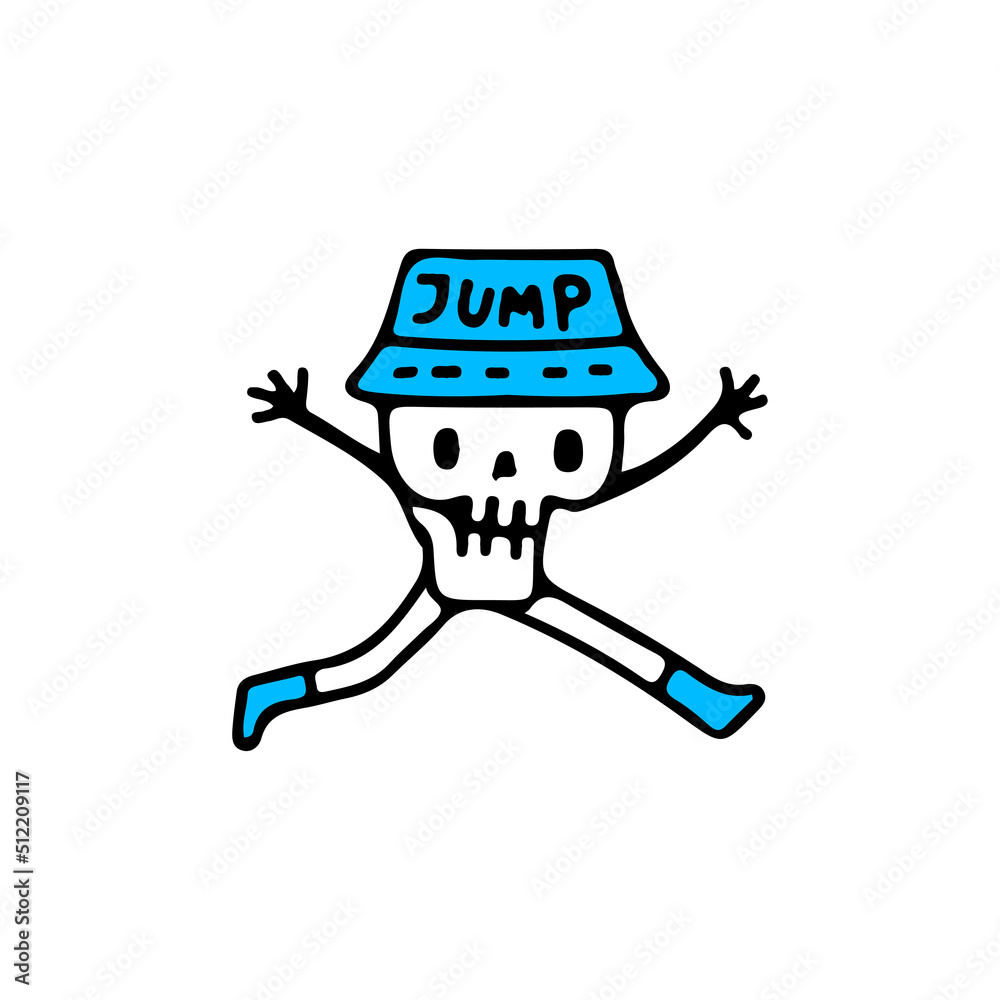 Fototapeta premium Trendy skull with bucket hat doing parkour jump, illustration for t-shirt, street wear, sticker, or apparel merchandise. With doodle, retro, and cartoon style.