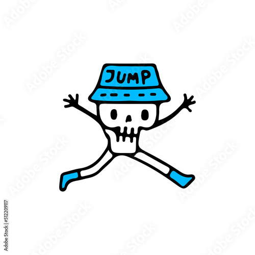 Trendy skull with bucket hat doing parkour jump, illustration for t-shirt, street wear, sticker, or apparel merchandise. With doodle, retro, and cartoon style.