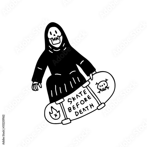 Trendy Grim reaper skull freestyle with skateboard, illustration for t-shirt, street wear, sticker, or apparel merchandise. With doodle, retro, and cartoon style.