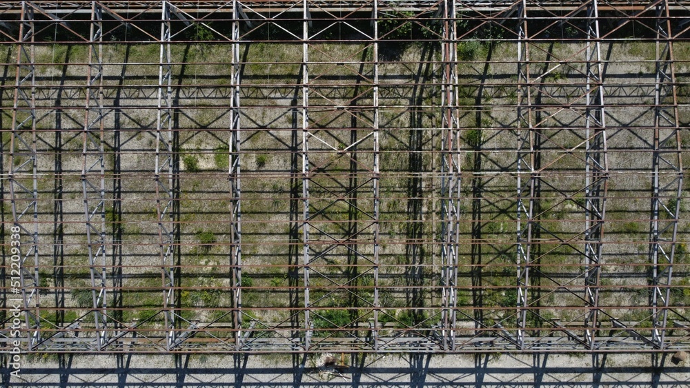 Aerial view of the metal structure of the abandoned production hall