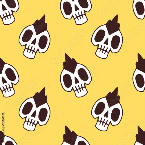 Sketchy punk skull on yellow background seamless pattern. Modern vintage, pop art style seamless pattern concept.