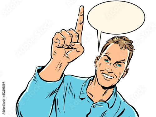 businessman attention gesture index finger up, announcement and advertising concept. a smiling man in a suit