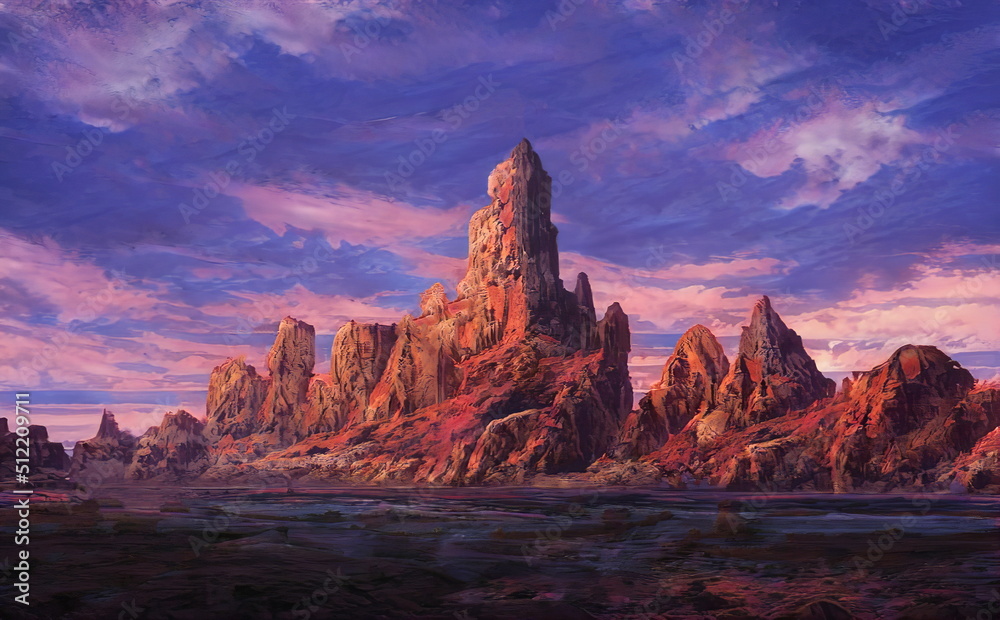 Fantastic Epic Magical Landscape of Mountains. Summer nature. Mystic Valley, tundra. Gaming assets. Celtic Medieval RPG background. Rocks and canyon. Beautiful sky with clouds. Ruins of an old castle	