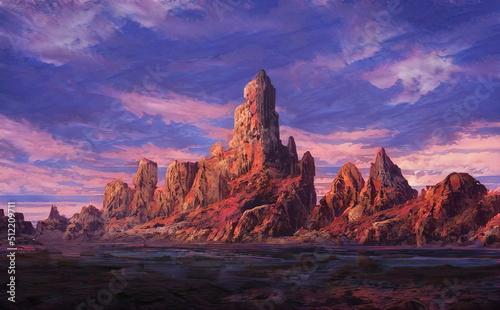 Fantastic Epic Magical Landscape of Mountains. Summer nature. Mystic Valley, tundra. Gaming assets. Celtic Medieval RPG background. Rocks and canyon. Beautiful sky with clouds. Ruins of an old castle 