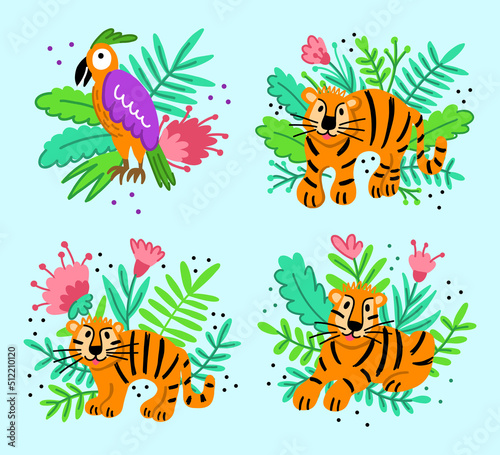 Set clip art of funny tigers and a parrot. Animals in the jungle