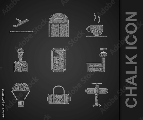 Set Airplane window, Suitcase, Plane, Airport control tower, Box flying parachute, Pilot, Coffee cup and takeoff icon. Vector