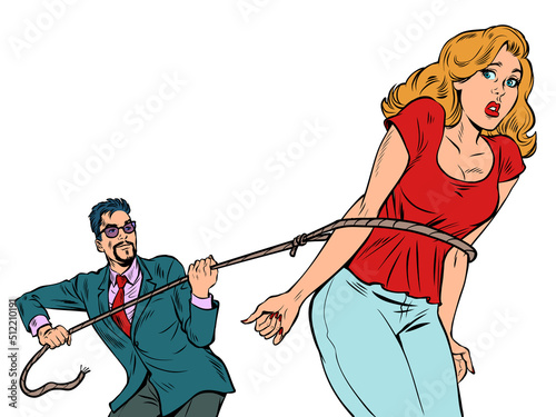 the man lassoed the woman, the husband threw a noose on his wife and took her prisoner. the concept of family violence, feminism and gender equality