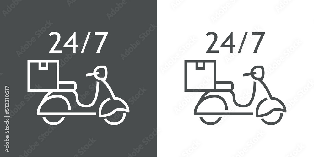 Icono silueta de scooter vintage con texto 24/7. Logotipo de entrega a domicilio. Vector con líneas en fondo gris y fondo blanco - obrazy, fototapety, plakaty 
