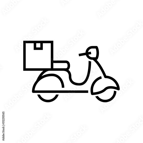 Icono silueta de scooter vintage con caja. Logotipo de entrega a domicilio. Vector con líneas en color negro