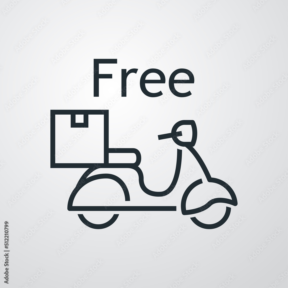 Logo de entrega a domicilio. Vector silueta de scooter vintage con caja y texto Free con líneas. Fondo gris Logo de entrega a domicilio. Vector silueta de scooter vintage con caja y texto Free con líneas. Fondo gris