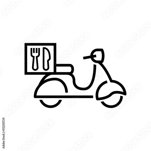 Icono silueta de scooter vintage con símbolo de cubiertos en caja. Logotipo de cocina a domicilio. Vector con líneas en color negro