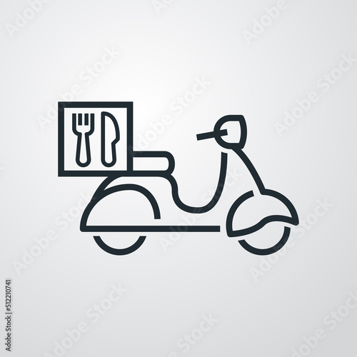 Icono silueta de scooter vintage con símbolo de cubiertos en caja. Logotipo de cocina a domicilio. Vector con líneas en fondo gris