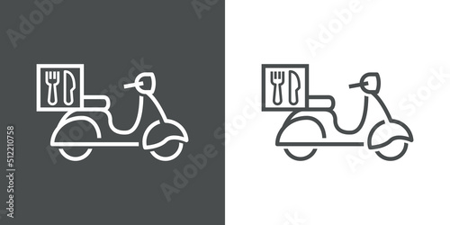 Icono silueta de scooter vintage con símbolo de cubiertos. Logotipo de cocina a domicilio. Vector con líneas en fondo gris y fondo blanco