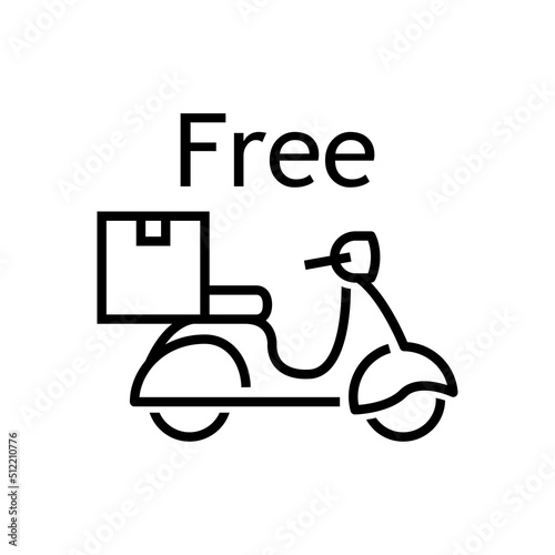 Logo de entrega a domicilio. Vector silueta de scooter vintage con caja y texto Free con líneas. Color negro