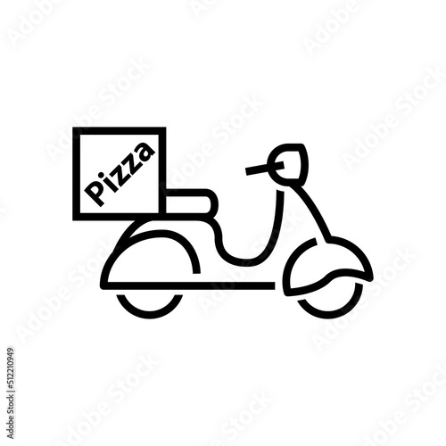 Icono silueta de scooter vintage con texto Pizza en caja. Logotipo de comida a domicilio. Vector con líneas en color negro