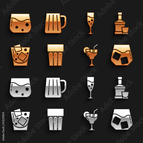 Set Glass with water, Whiskey bottle and glass, of whiskey, Cocktail, champagne, and Wooden beer mug icon. Vector