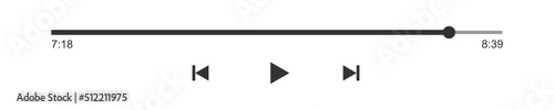 Media player progress loading bar with time slider, play, rewind and fast forward buttons. Template of audio or video player playback panel. Vector graphic illustration isolated on white background