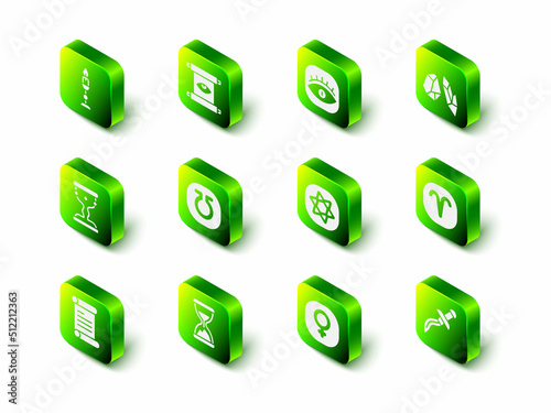 Set Ancient magic scroll, Masons, Magic stone, Aries zodiac, Dagger, Tarot cards, Venus and Old hourglass with sand icon. Vector