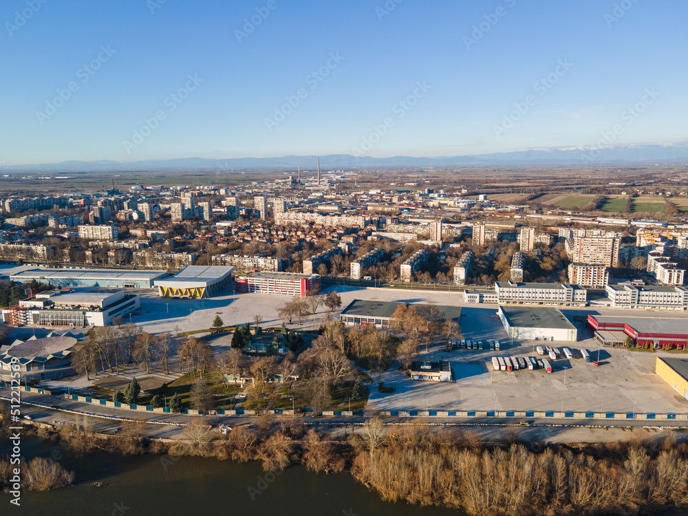 Aerial view of Maritsa river and panorama to City of Plovdiv, Bulgaria