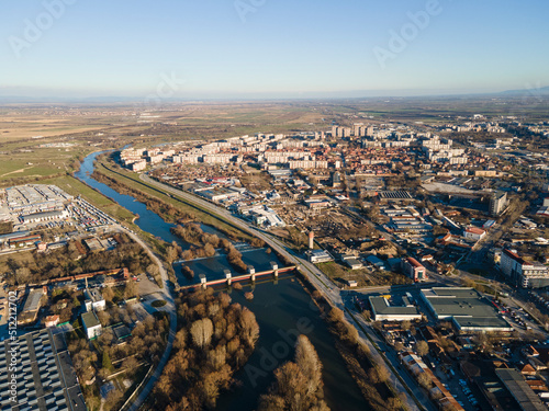 Aerial view of Maritsa river and panorama to City of Plovdiv, Bulgaria