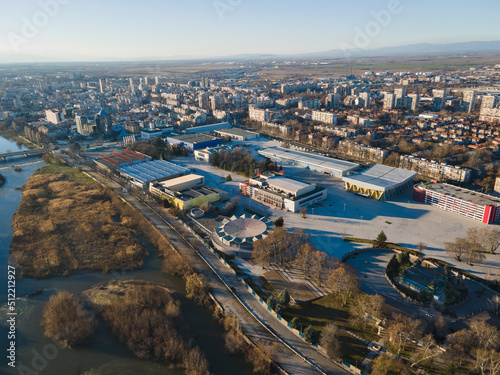 Aerial view of Maritsa river and panorama to City of Plovdiv, Bulgaria
