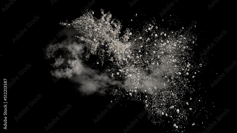 flying debris and dust on black background