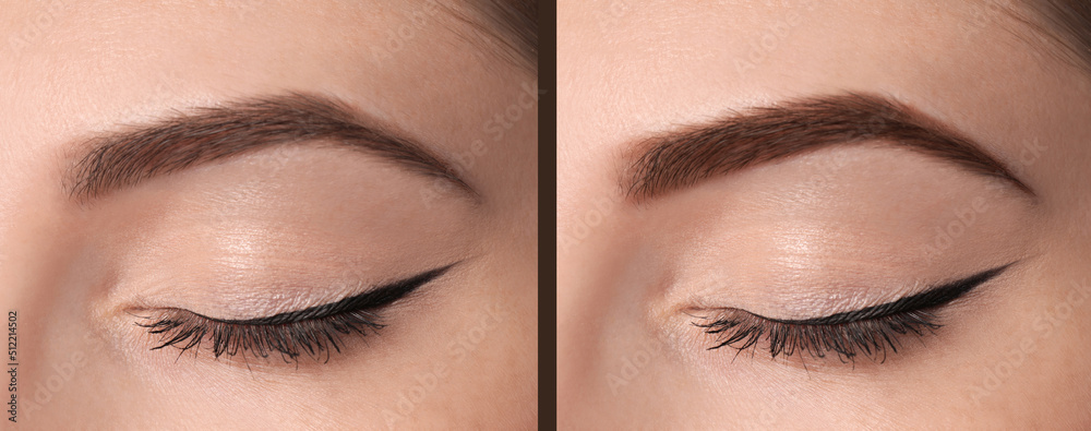 Naklejka premium Collage with photos of woman before and after eyebrows dyeing with henna, closeup. Banner design