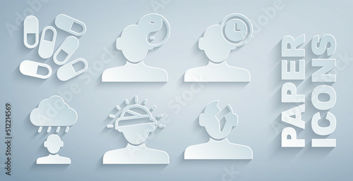Set Concussion, headache, Insomnia, Depression and frustration, Solution problem in psychology, Yin Yang symbol and Medicine pill or tablet icon. Vector