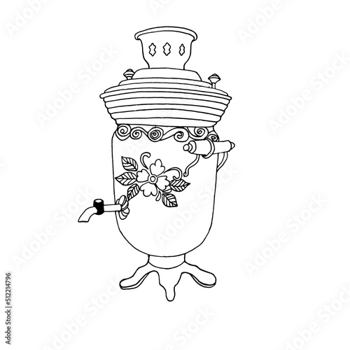 Vector contour sketch of a samovar for tea drinking. A symbol of hospitality.