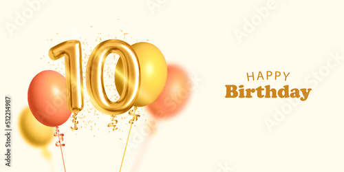Vector realistic isolated invitation card for Happy Birthday with 10 number golden balloon and confetti.