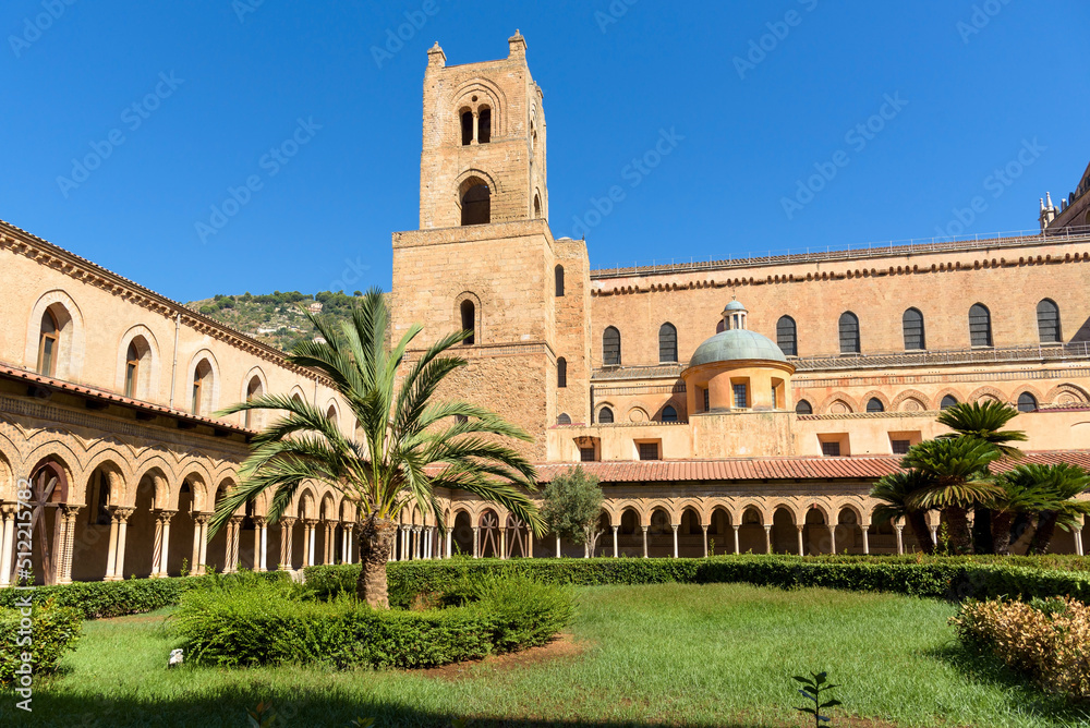 Cloister courtyard with tower at the Monreale Abbey