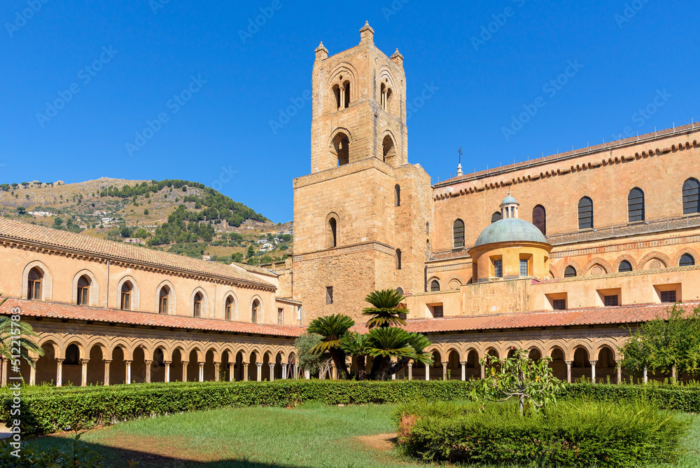 Cloister courtyard with tower at the Monreale Abbey - obrazy, fototapety, plakaty 