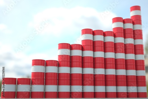 Stacks of steel drums with flag of Austria form increasing chart or upwards trend. Petroleum industry success concept, 3D rendering photo