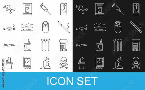 Set line Skull on crossbones, Medicine bottle and pills, Cigarette, Syringe, Cocaine or heroin drug, with smoke, Cannabis molecule and tablet icon. Vector