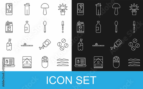 Set line Cocaine or heroin drug, Medicine pill tablet, Pipette, Psilocybin mushroom, Alcohol drink bottle, Open cigarettes pack box, Buying drugs online on phone and Heroin spoon icon. Vector