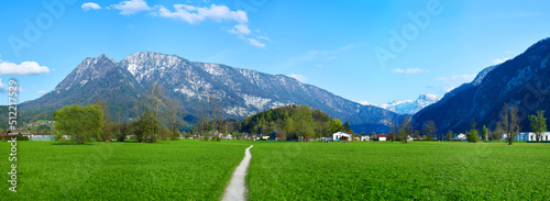 Beautiful Austrian Landscape with Field, Mountains and Pathway. Bad Goisern, Upper Austria.