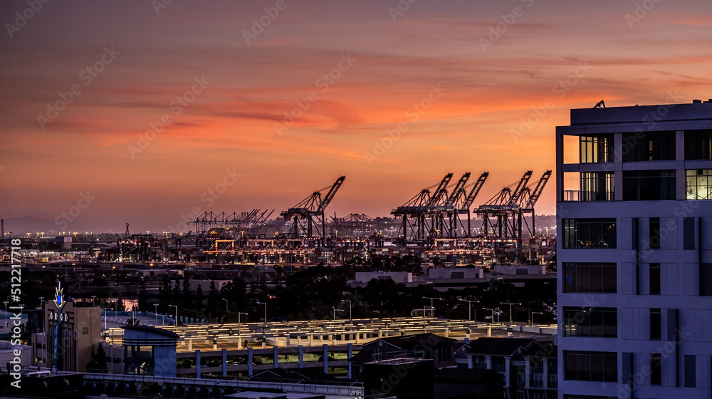 Hazy Industrial Shipping Port at Sunset
