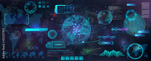 Sci-fi HUD elements collection. Earth Globe 3D objects from different angles in a futuristic style with HUD, UI elements. Control center dashboard with worldwide tracking system. Cyber network. 3D set