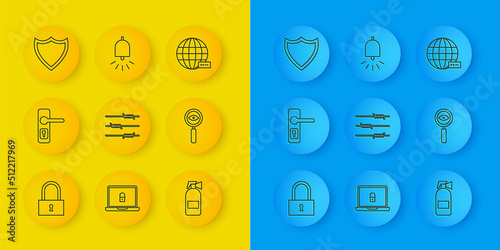 Set line Lock, Door handle, Barbed wire, Fire extinguisher, Magnifying glass Search, Shield, Social network and Ringing alarm bell icon. Vector