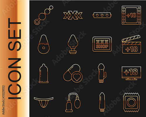 Set line Condom in package safe sex, Monitor with 18 plus content, Movie clapper, Silicone ball gag belt, Anal plug, Dildo vibrator, beads and Sex shop icon. Vector