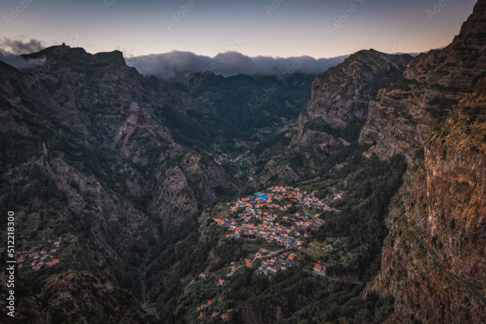 Curral das Freiras - Beautiful view of mountain range and little village in Madeira Island, Portugal. October 2021